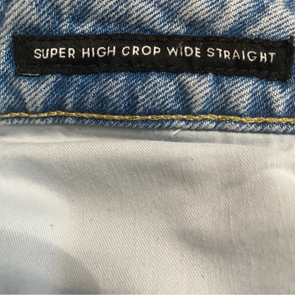 Blue Relaxed Fit Jeans with Distressed Details Super High Crop Wide Straight 12